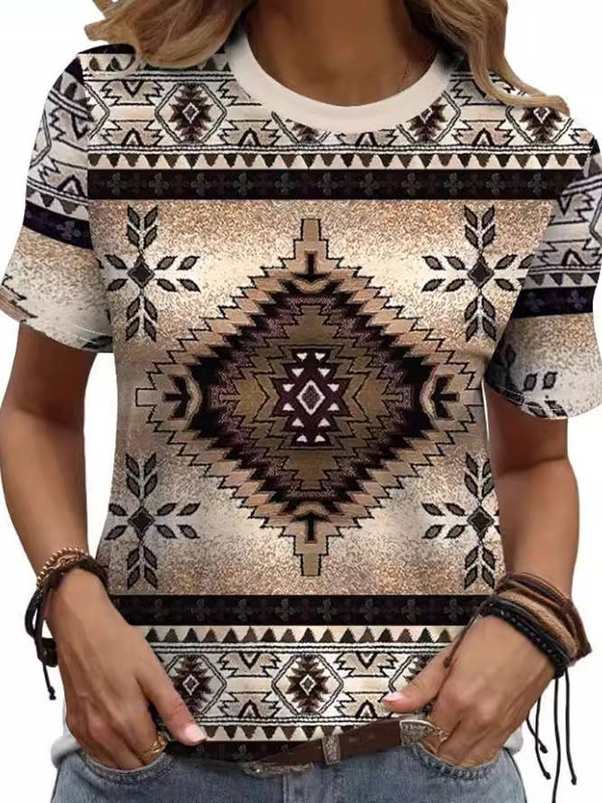 Aztec Print Western Short Sleeves Top ZK1893 for wholesale by UNISHE