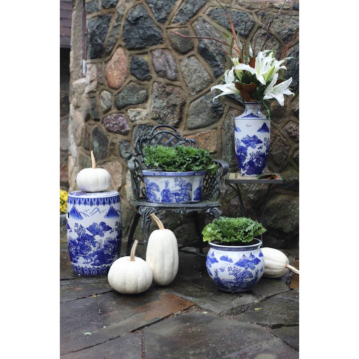 Euro Ceramica | ClayBarnHome - Wholesale Plant Pot - Blue and White Landscape 13.25" Oval Planter
