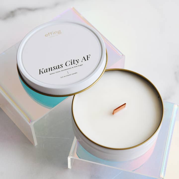 Travel Candle - Kansas City AF | Notes: Clove & Sandalwood for wholesale by Effing Candle Co.