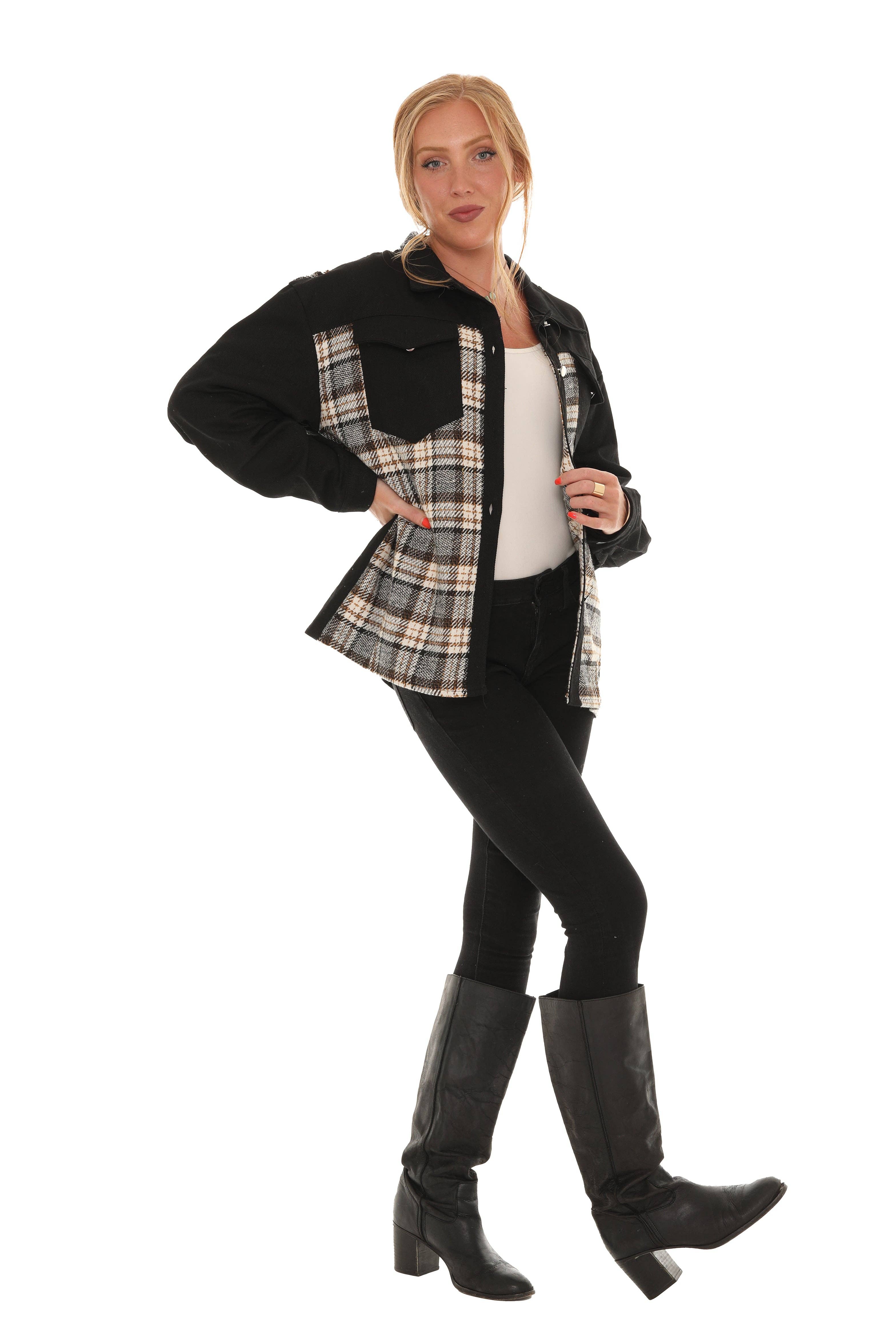 Shoreline Wear. INC - Vente Veste en jean – femme - Veste en jean avec insert à carreaux2