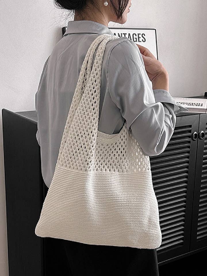 ",, SI-26421 Crochet Mesh Half Pointelle Knit Tote Bag for wholesale by 42POPS