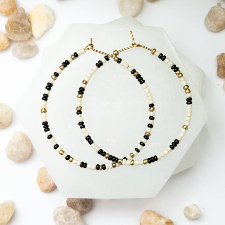 Sale - Ashli White and Black Beaded Hoop Earrings for wholesale by Elsie & Zoey