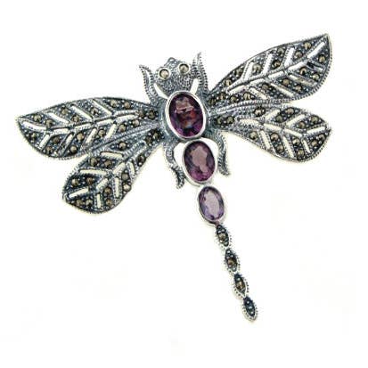 Dragonfly Brooch Pin - Marcasite and Purple Glass for wholesale by Silver Insanity