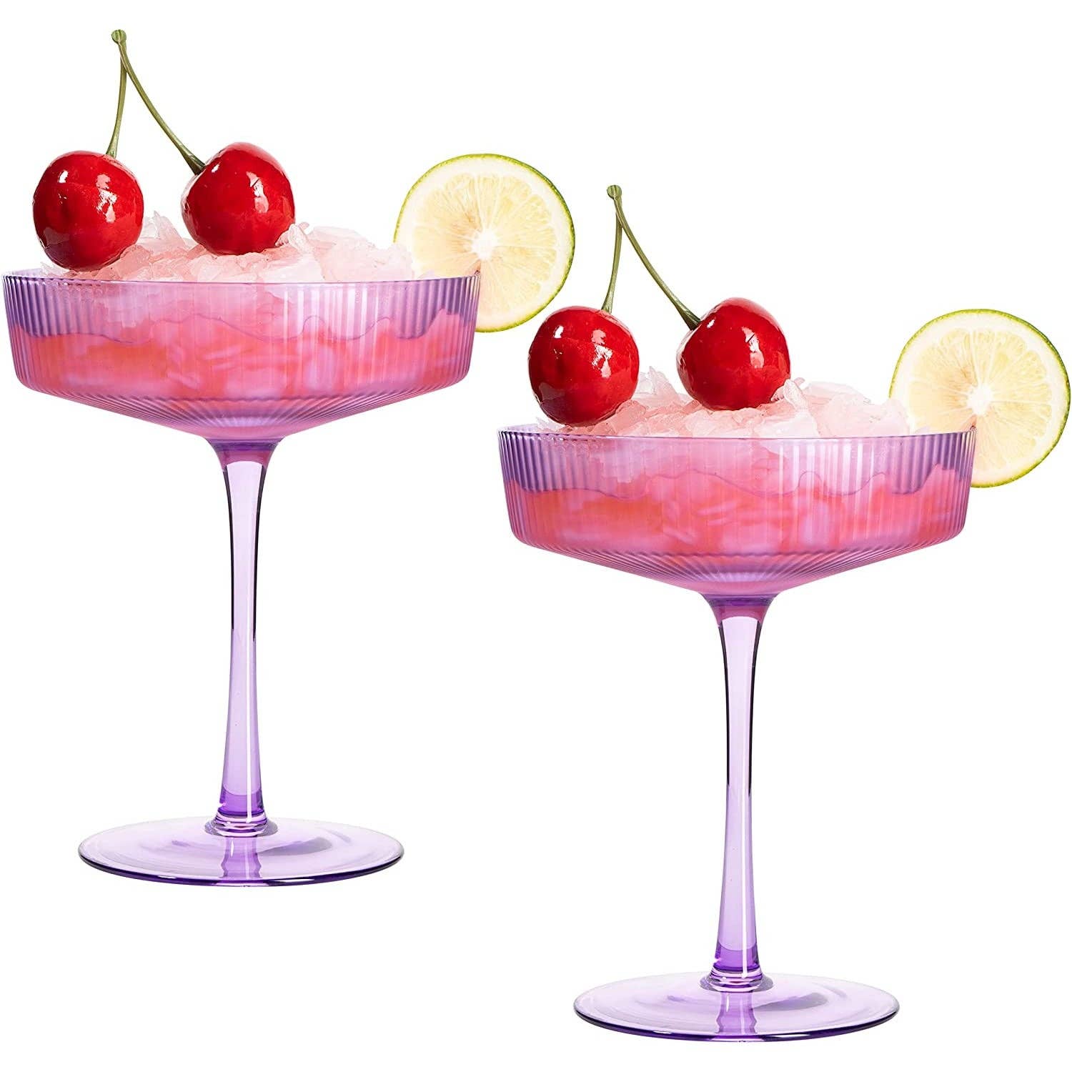 The Wine Savant /  Khen Glassware – wholesale Cocktail/liquor glass – Set of 2 Ripple Ribbed Cocktail Coupe Colored Glasses | 8oz2
