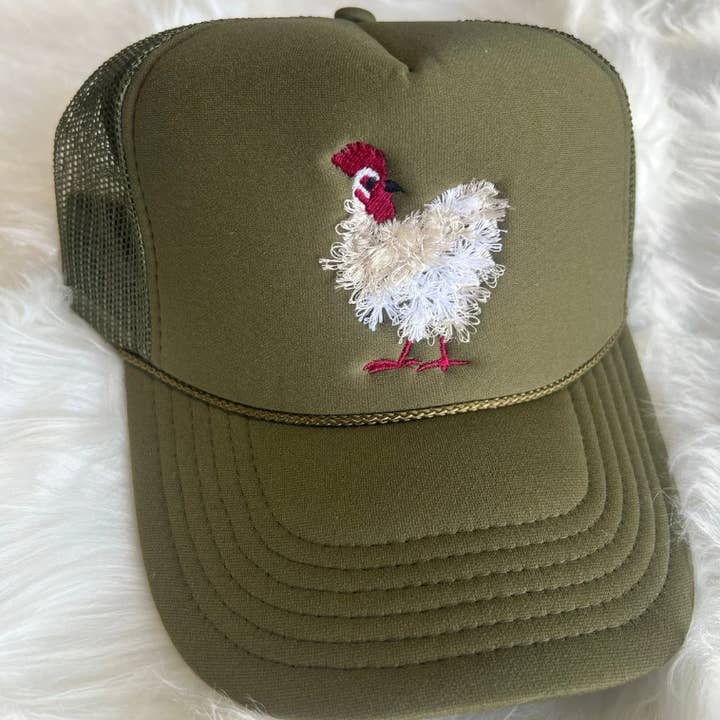 THE LATTIMORE CLAIM - Wholesale Trucker hat – Women’s - Mother Clucker Fluffy Chicken Embroidered Olive Otto Hat1