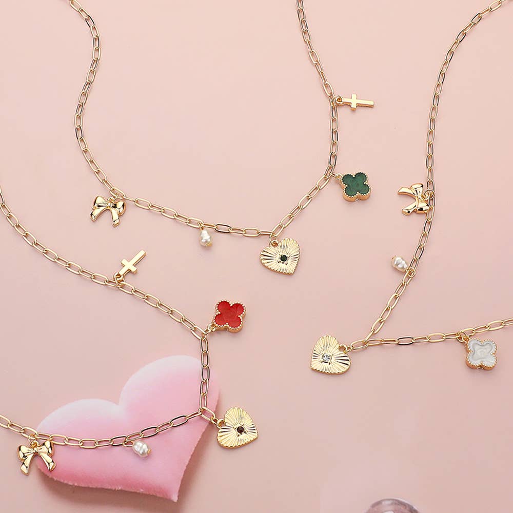 Sensibling Corp. – Colar pingente/pendente por atacado – Colar com Pingente de Coração, Laço, Pérola, Trevo de Quatro Folhas e Cruz em Forma de Clipes de Papel0