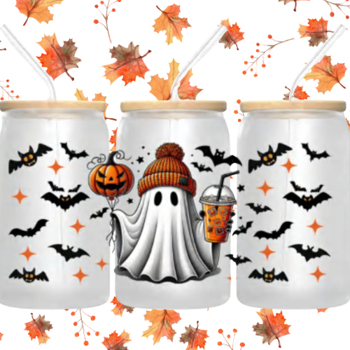 MySunshineCandless - Wholesale Drinking glass/cup - Libbey Cute Ghost Halloween 16 oz Glass Can Tumbler with Lid & Straw Spooky Season Gift for Iced Coffee & Drinks2