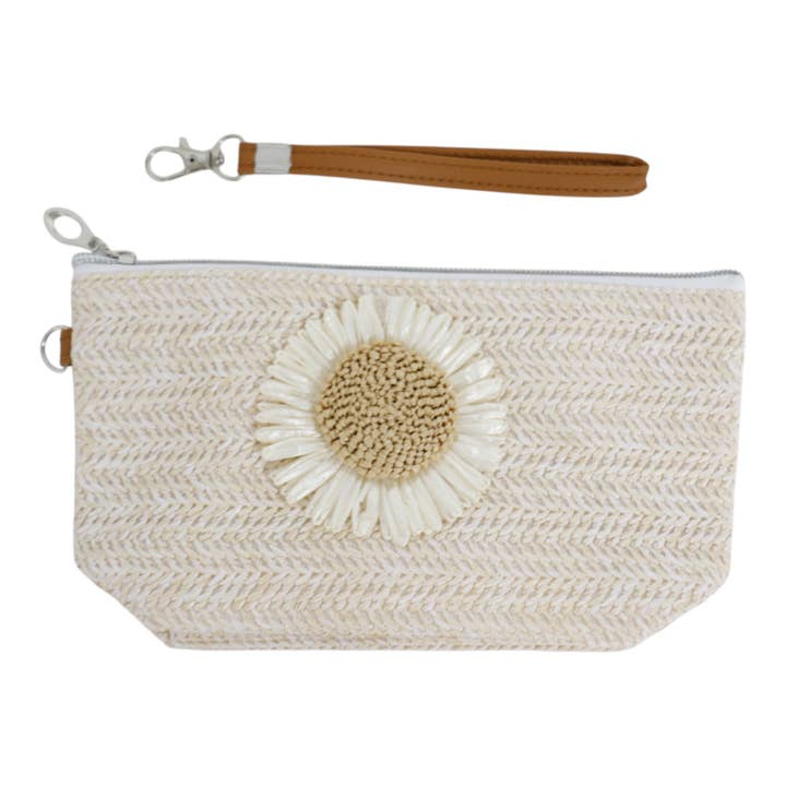 ASSORTED Daisy Flower Straw Makeup Pouch JB5526-7. (12PC) for wholesale on Faire7