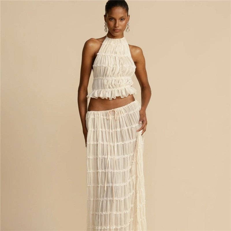 FurDecoration – wholesale Top & skirt set – Women's – Solid Color Backless Hanging Neck Halter Dress Set2