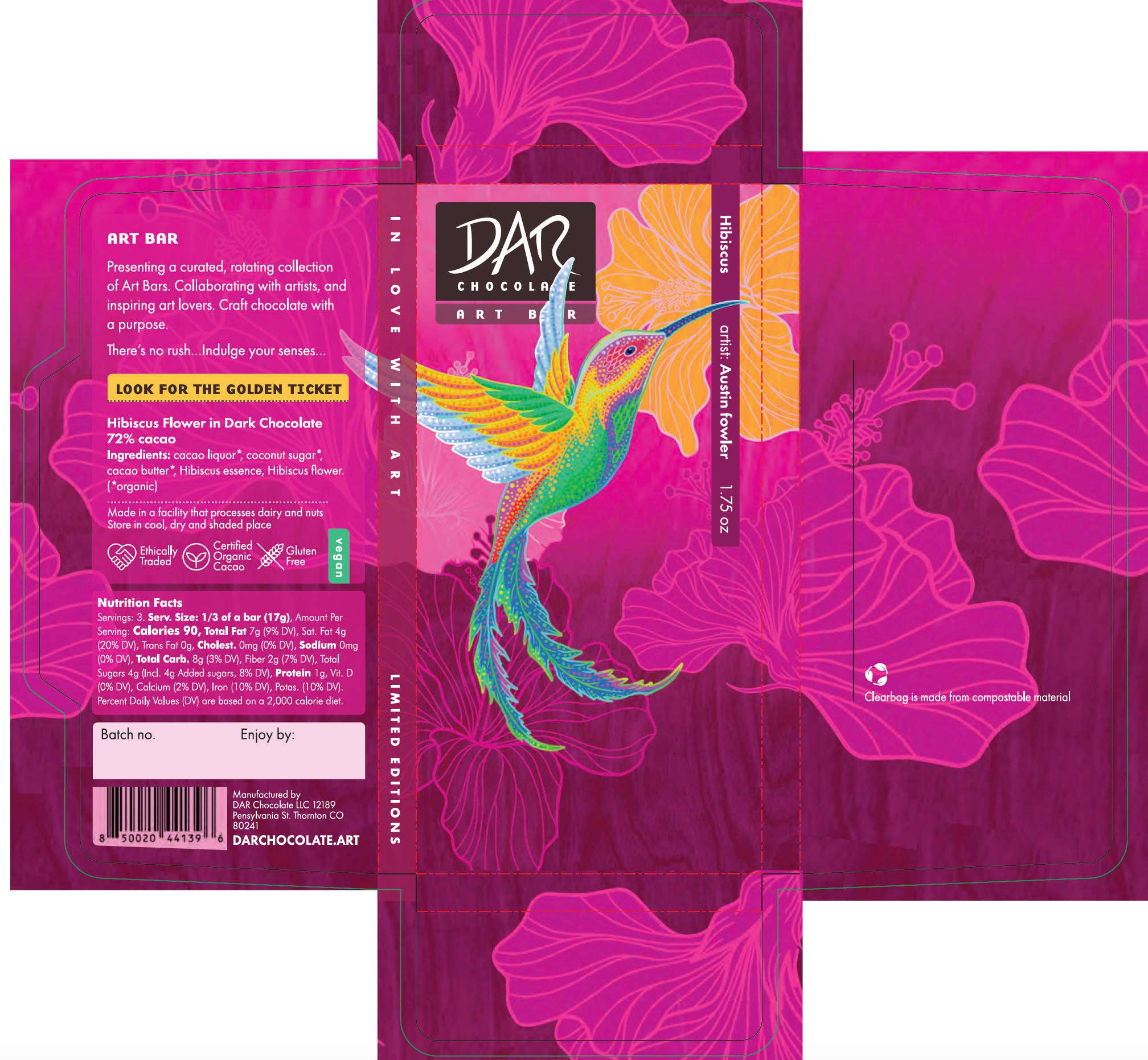 Dar Chocolate – wholesale Chocolate bar – Art Bars: Hibiscus Flower 72% Dark Chocolate Bar Vegan4