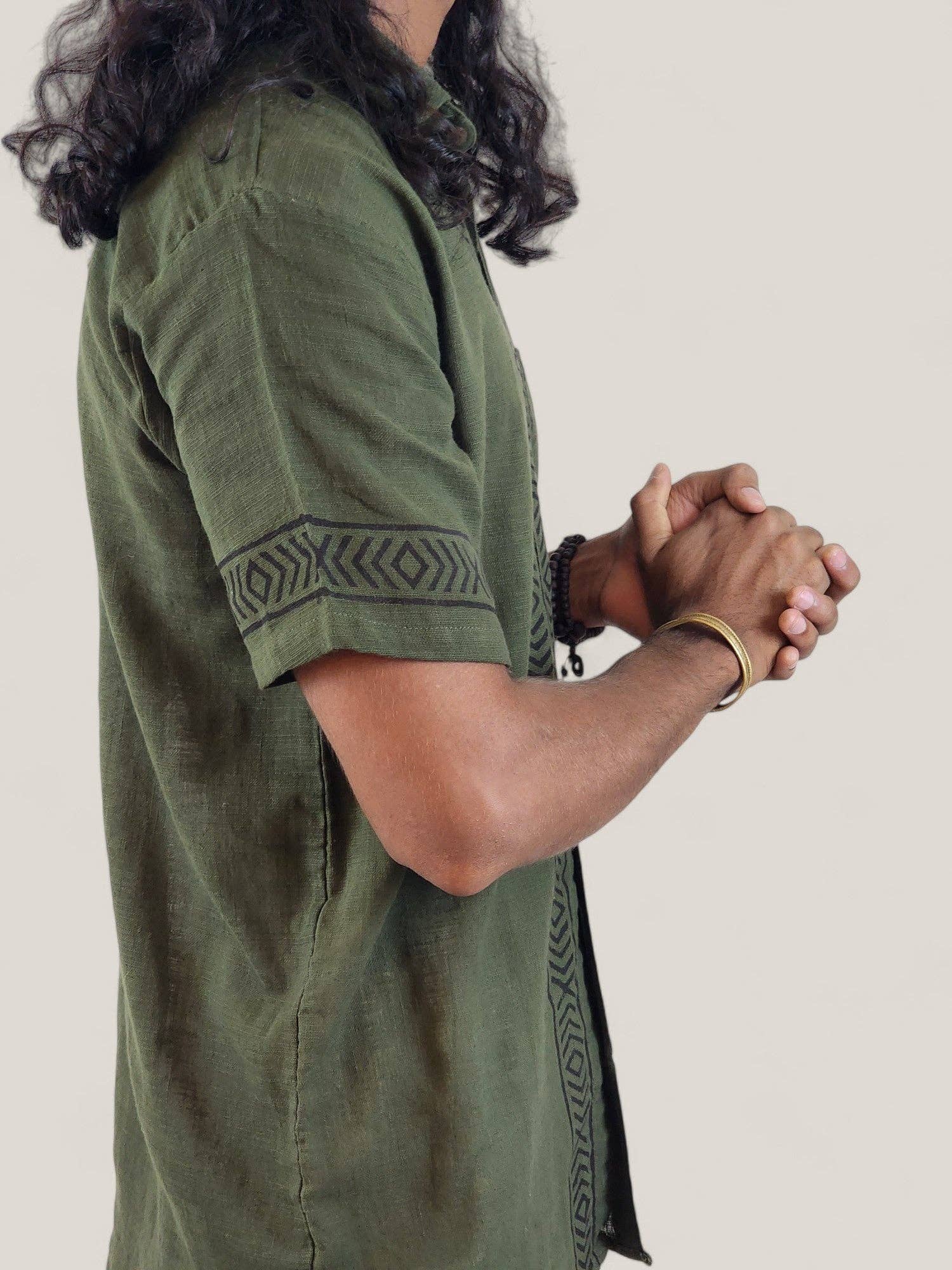 Sacred Ceremony - Wholesale Button Down Shirt - Men's - Men's Green Organic Linen Short Sleeve Block-Printed Button-Down Shirt9