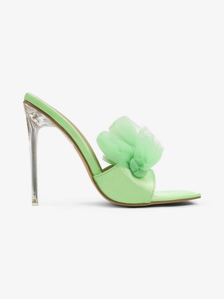 Lemonade Shoes - Wholesale High Heels - Women's - MADE YOU LOOK - Satin Ruffle Square Toe Heel, Clear Stiletto10