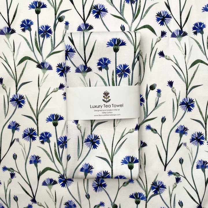 Korenbloemen Theedoek - Blauwe bloemen katoenen theedoek voor wholesale door Bianca Williams Design
