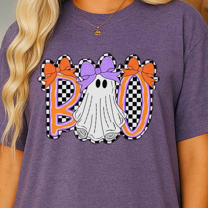 Checkered BOO T-Shirt – Ghost & Bow Halloween Boutique Tee for wholesale by Sweetteez LLC