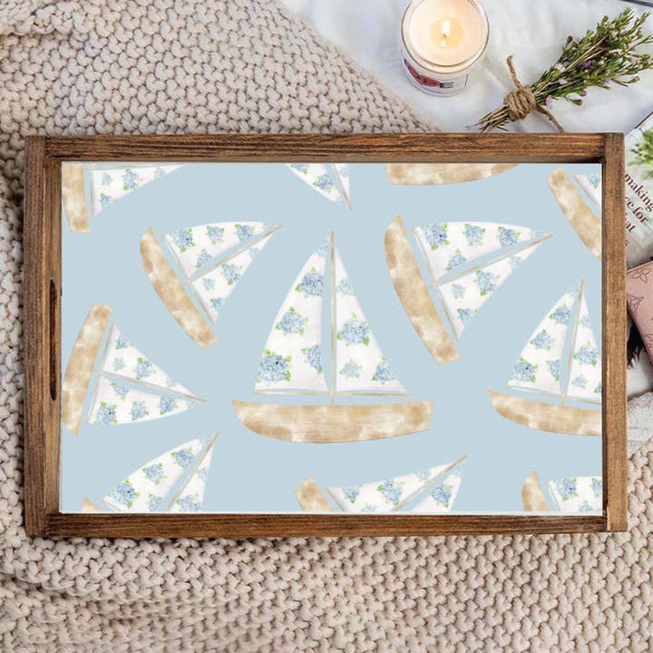 Repeating Hydrangea Sail Boat Wooden Serving Tray for wholesale by Rustic Marlin Personalized Home Decor