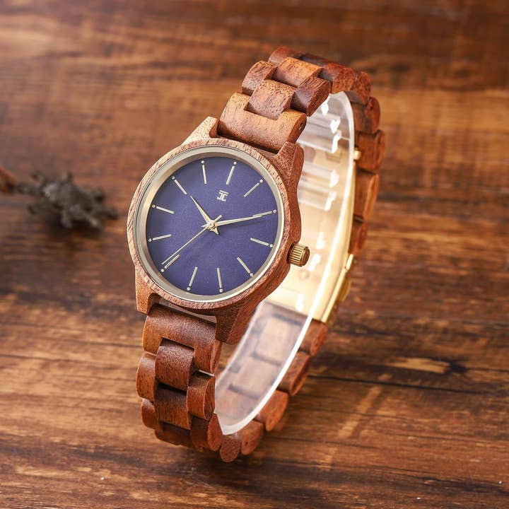 Mini Blue Sapphire (36mm) | Montre en bois de noyer pour la vente par Joycoast Wood