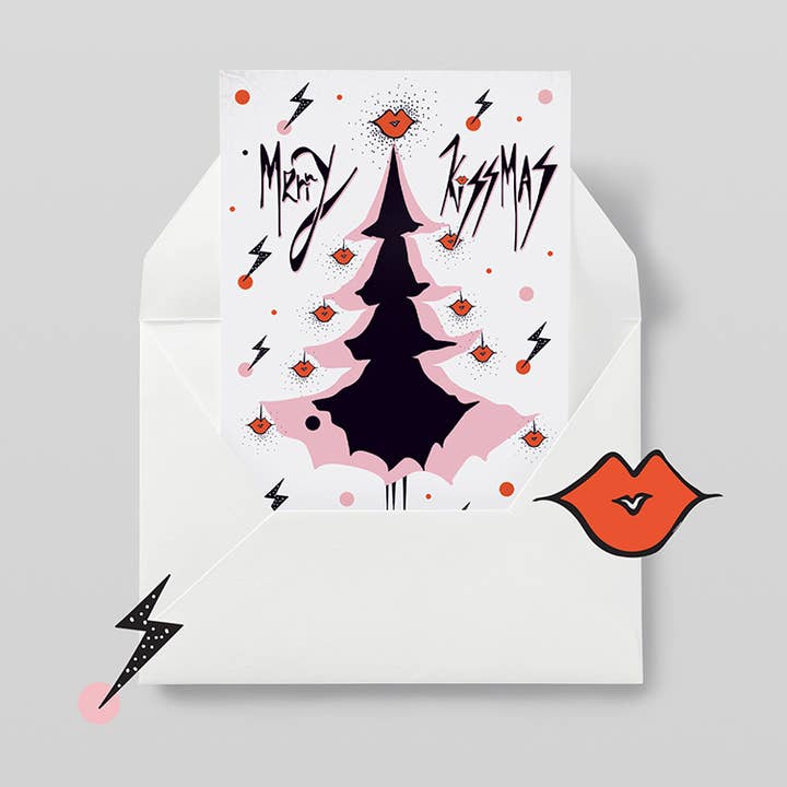 "Buon BaciNatale" - Biglietto di Natale Illustrato - Rosa per la vendita all'ingrosso da parte di Kiki Gunn