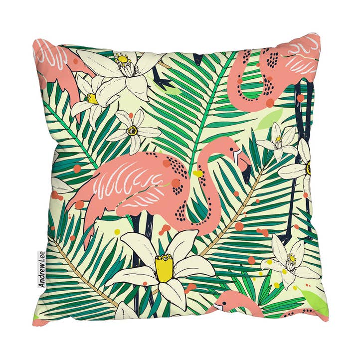 Flamencos Abstractos Con Hojas de Palma (Cojín para Exterior) para venta al por mayor de Benjamin Tate Design