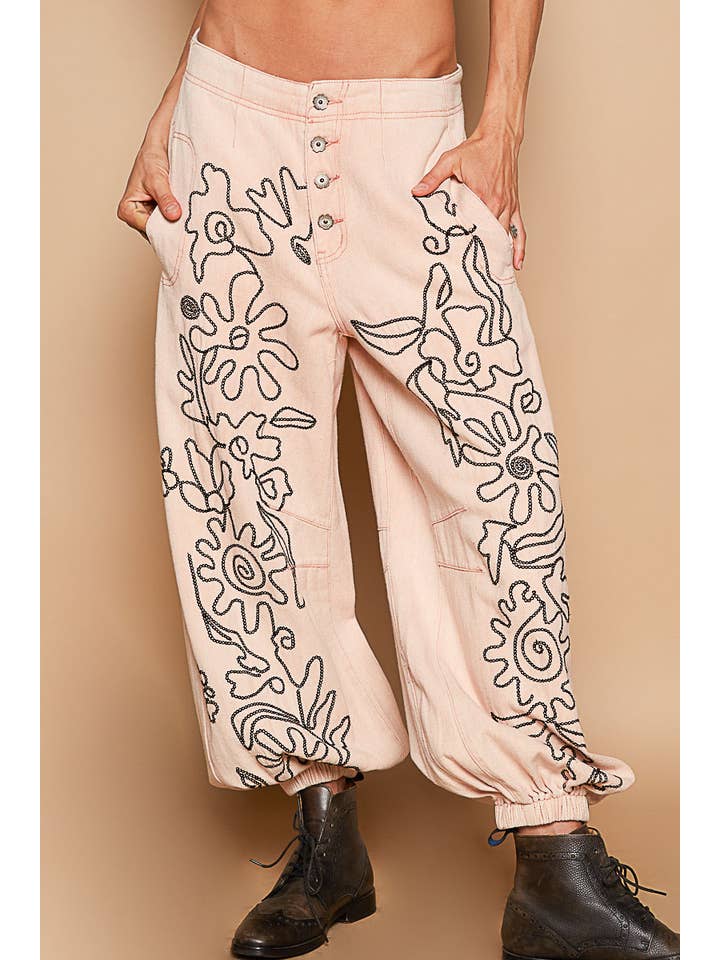 Pol Clothing - Wholesale Pants - Women's - Floral embroidered pattern solid twill pants