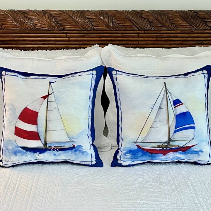 Bamboo Table - Wholesale Throw/Decorative Pillow - Sailboat Nautical Indoor/Outdoor Pillow Machine Washable