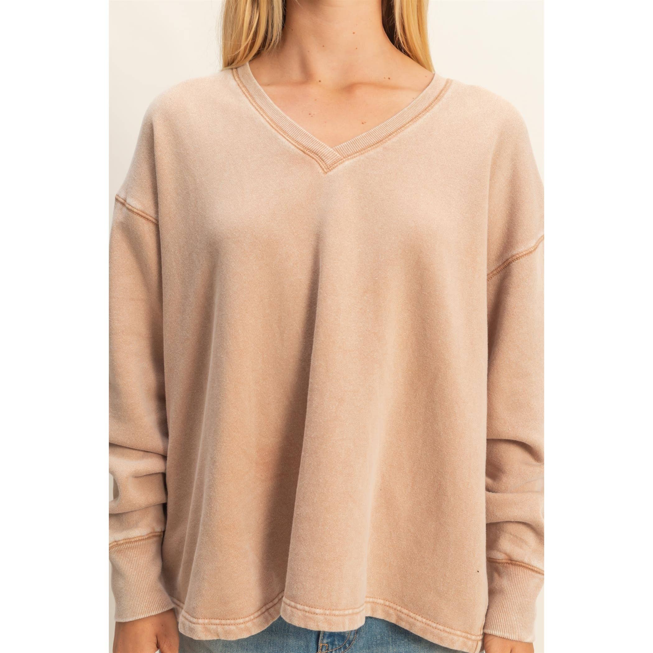 Double Zero - Wholesale Sweatshirt - Women's - Oversized V-Neck Sweatshirt With Raw Edge Detail20