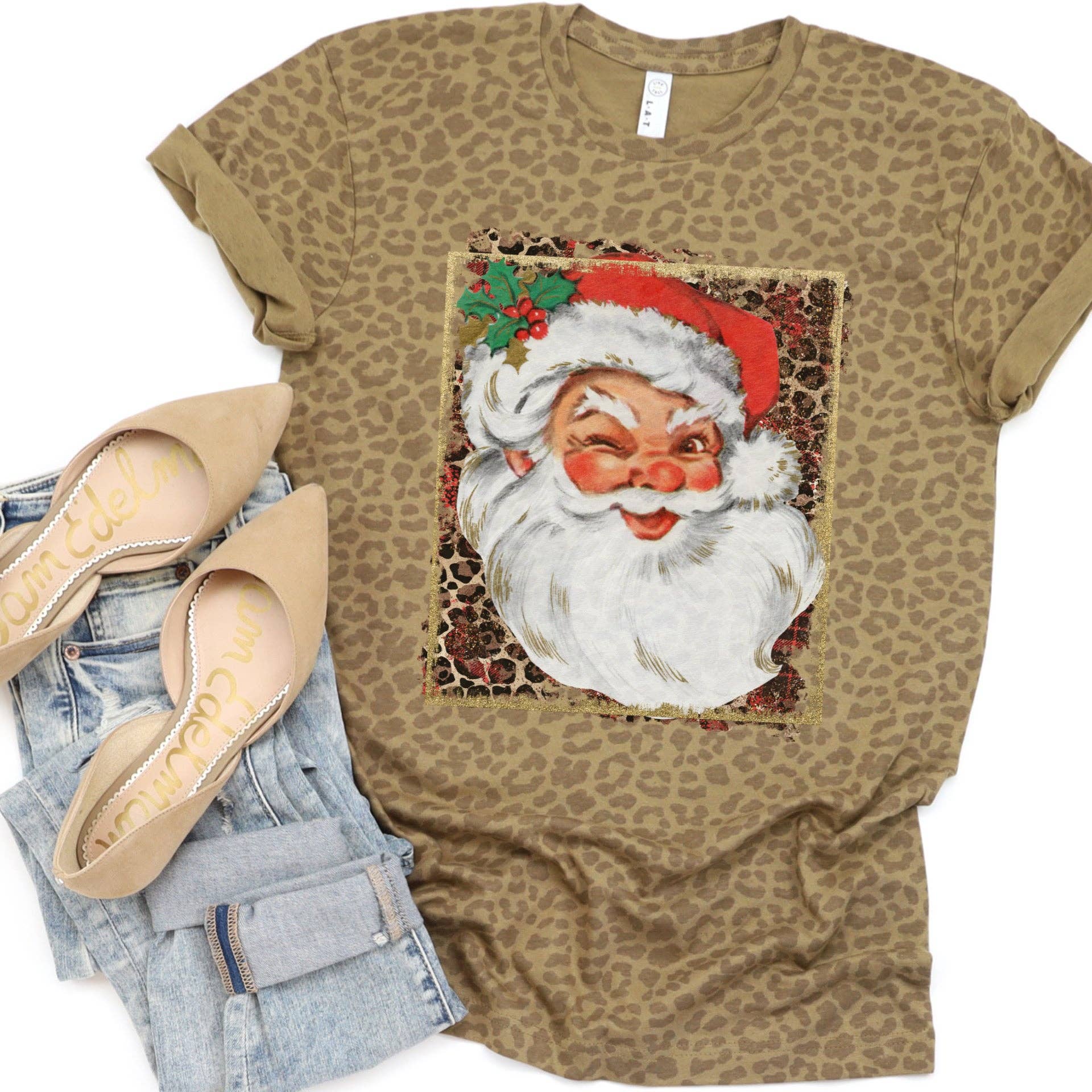 RR Tees Wholesale - Wholesale Screen Printed T-Shirt - Women's - Winking Vintage Santa leopard tee0