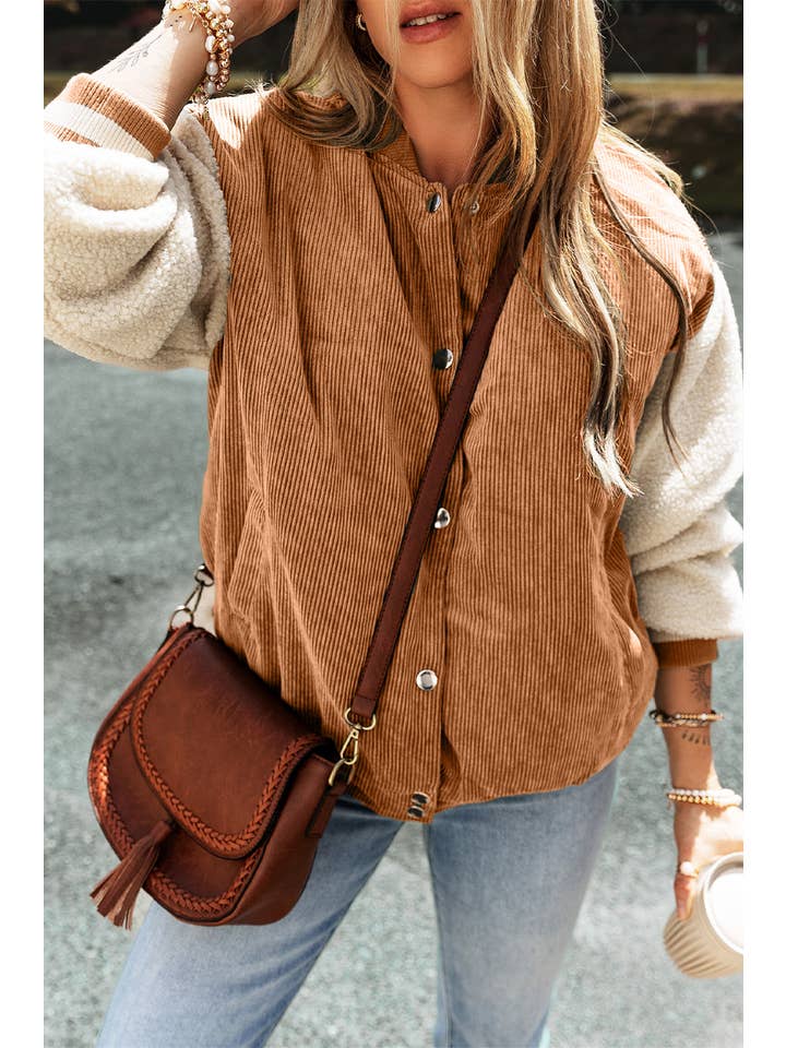 PRETTY BASH - Wholesale Bomber jacket – Women’s - Colorblock Corduroy Fleece Patchwork Button-Up Bomber Jacket11