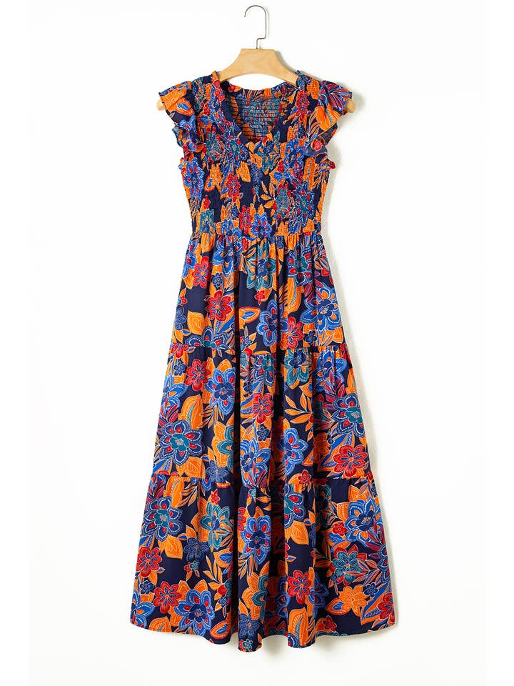 Aapparella - Wholesale Dress - Women's - Women Boho Floral V Neck Ruffle Tiered Maxi Dress | S-XL