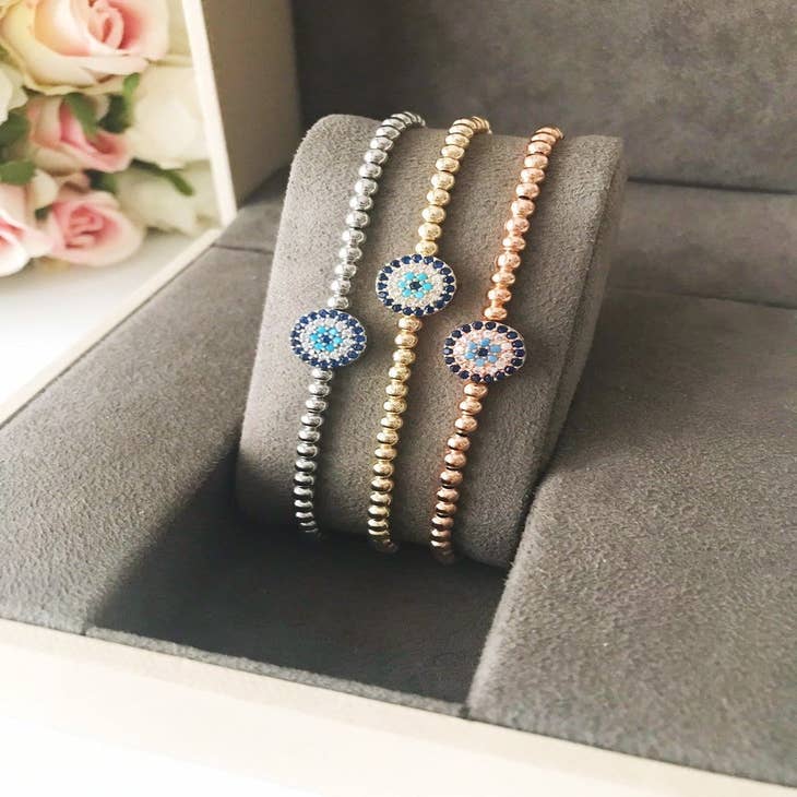 Wholesale Adjustable Evil Eye Bracelet, Rose Gold Silver Beaded Bracel for  your shop – Faire UK