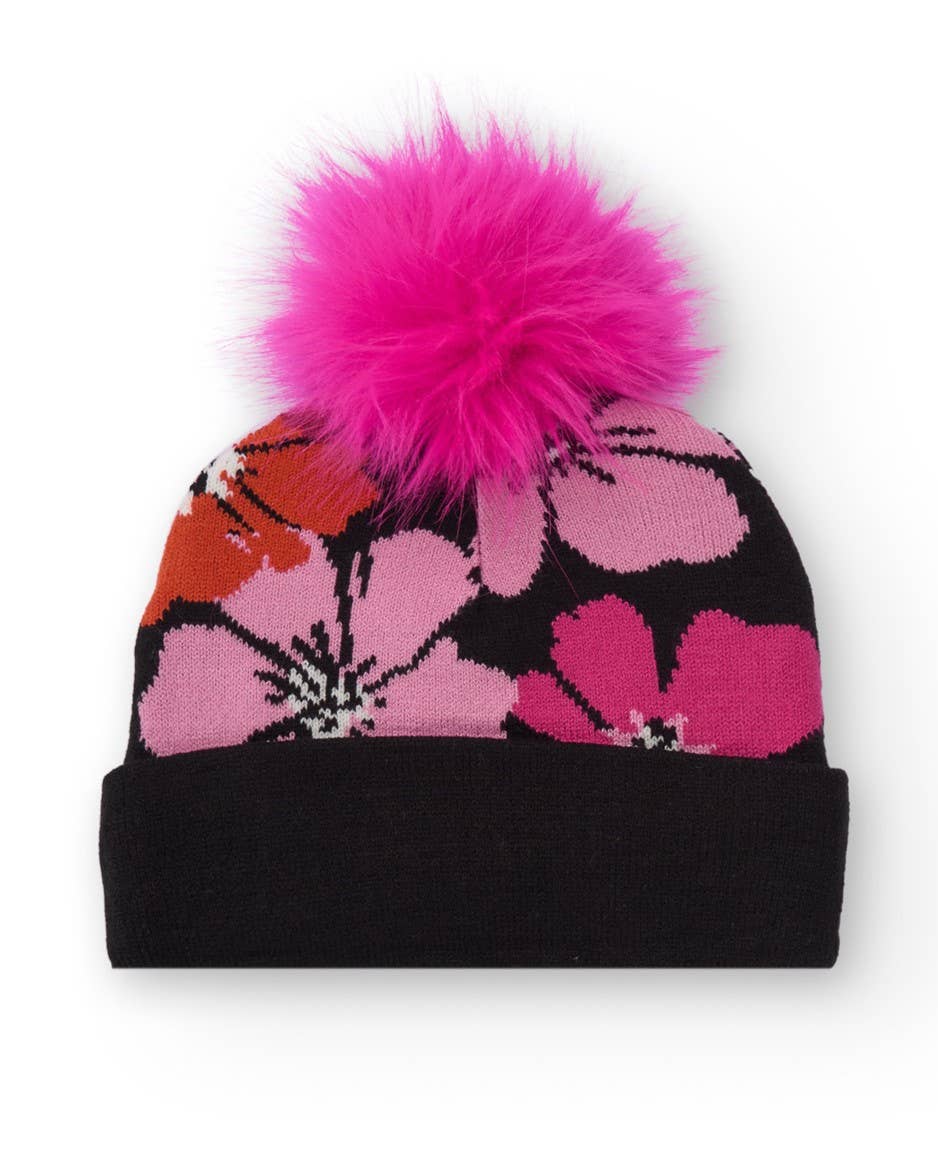tuc tuc - Wholesale Beanie - Kids - Black girl's hat with floral print and pink pompom1