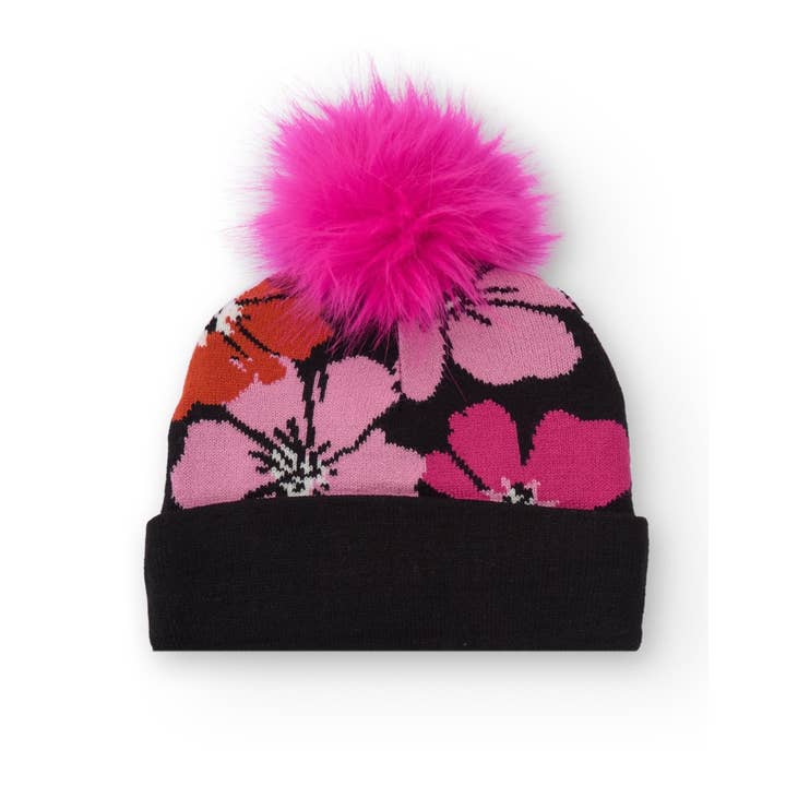tuc tuc - Wholesale Beanie - Kids - Black girl's hat with floral print and pink pompom1