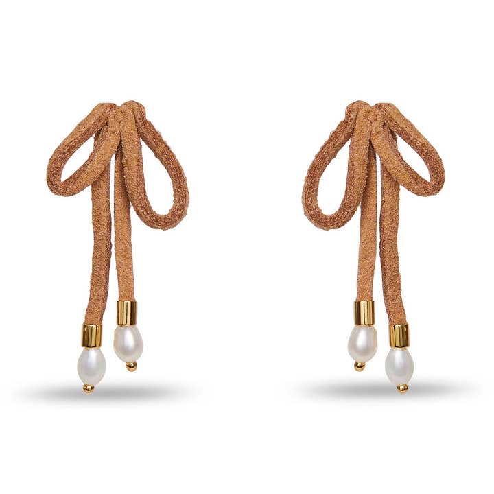 CARAMEL FAUX SUEDE BOW EARRINGS for wholesale by Lele Sadoughi