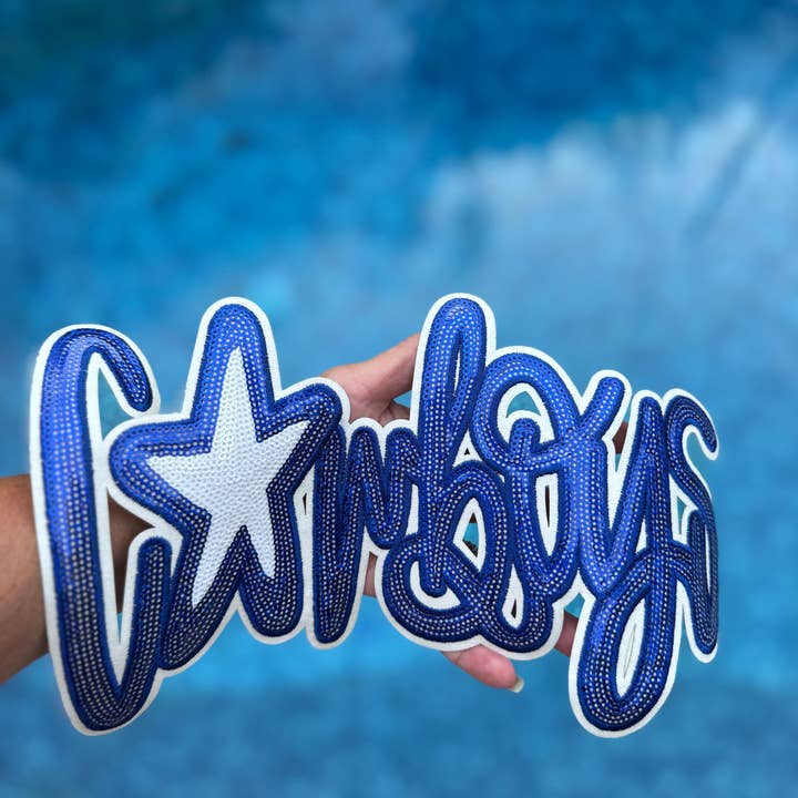 sequinandstiches - Wholesale Patch - Cowboys Patch, Sequin Patch, Royal Blue and White Sequin Cowboys Patch, White Glitter Backing, Iron On Patch, School Mascot Patch, Game Day Patch, Mascot Patch, DIY Patch1