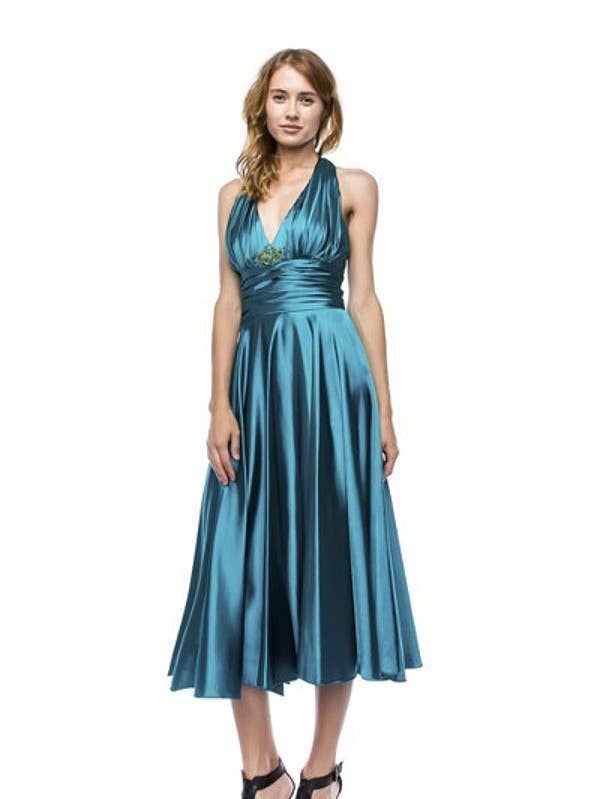 Robe en satin longueur thé à licou CH1089 pour la vente par Chicas