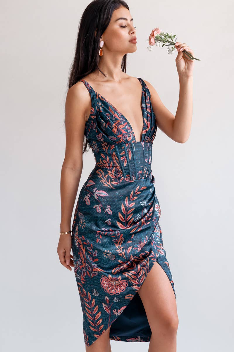 Imprimé fleuri sur bleu cobalt Robe midi drapée Halley en vente sur Faire7