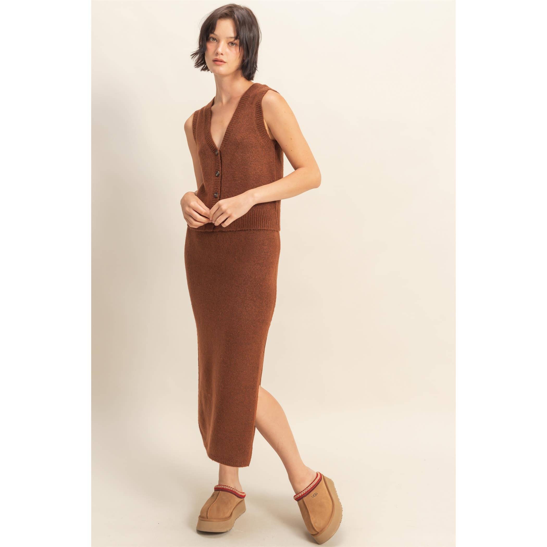 Double Zero - Wholesale Top & Skirt Set - Women's - Button Front Vest & Midi Skirt Knit Set9