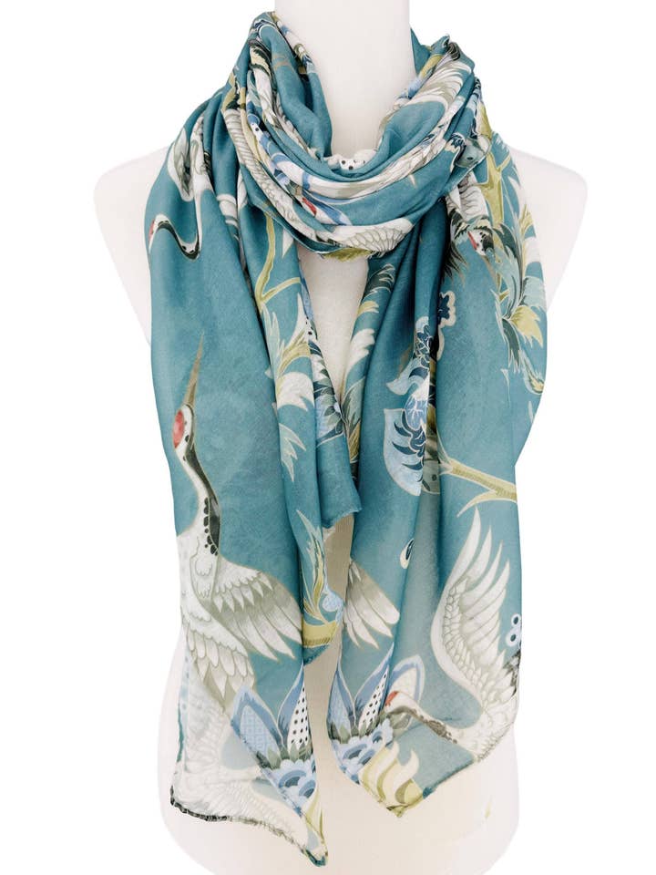 JC071150 Blauwgroene sjaal met meerdere kraanvogels voor wholesale door JC Sunny Fashion