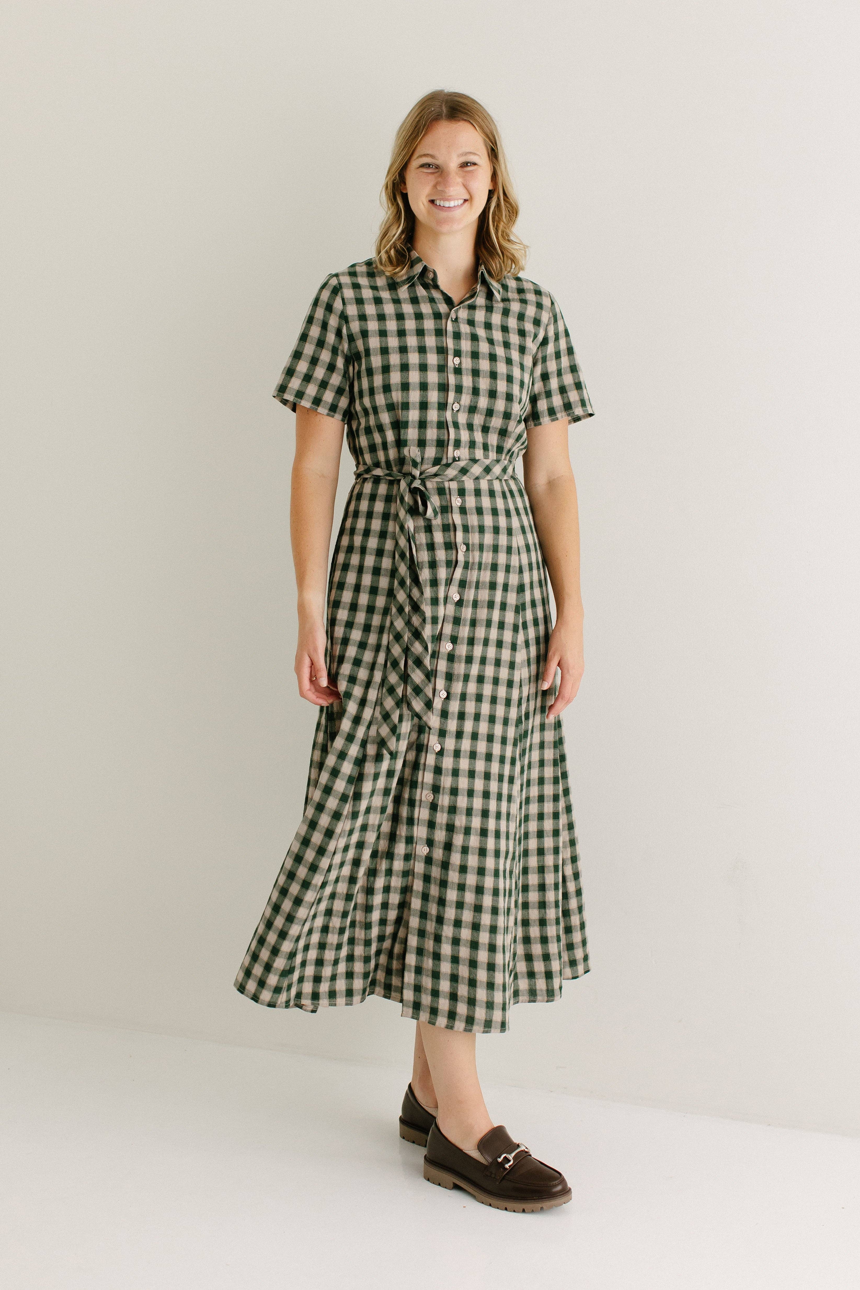 Light Tan 'Mae' Green Gingham A-Line Cotton Shirtdress FINAL SALE for wholesale on Faire0