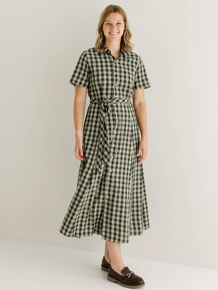Light Tan 'Mae' Green Gingham A-Line Cotton Shirtdress FINAL SALE for wholesale on Faire