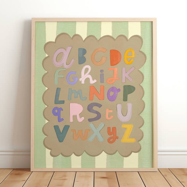 Green alphabet print: nursery Educational ABC Poster, Kids for wholesale by Lara and Kin