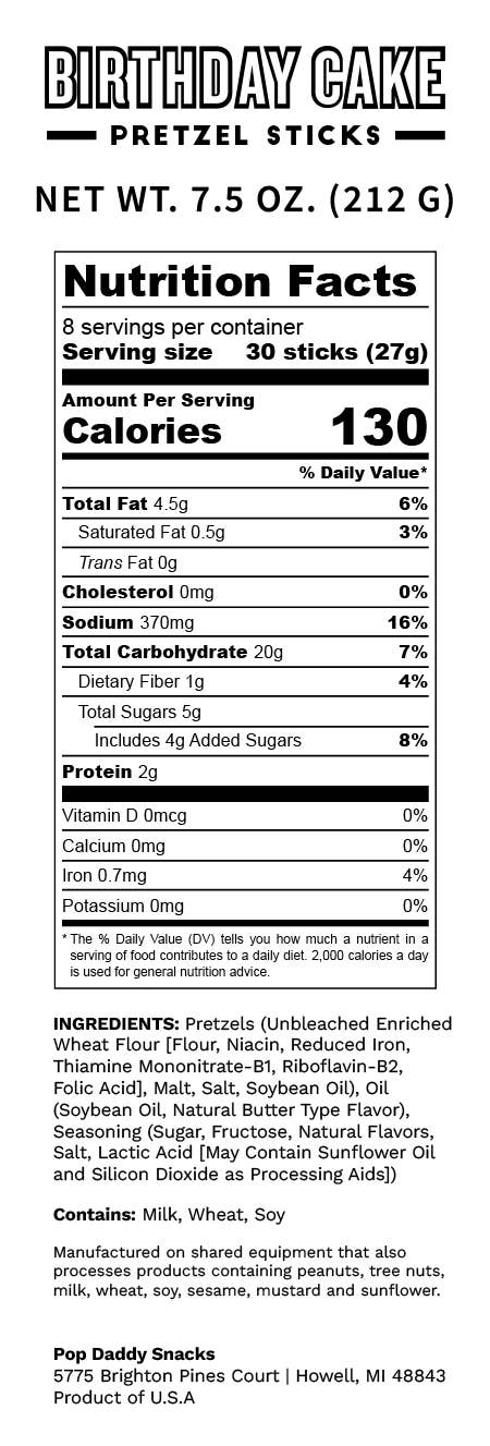 Pop Daddy Snacks - Wholesale Pretzels - Birthday Cake Seasoned Pretzels  7.5oz3