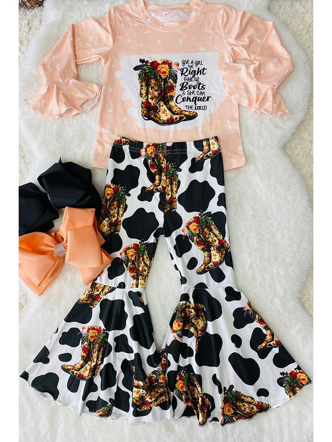 luluclothes - Wholesale Top & Pant Set - Kids - Western boots printed pink top & pant girls set DLH2695
