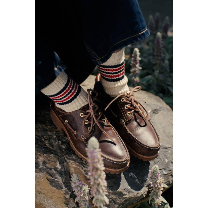 ESCUYER - Wholesale Socks - Men's - Men 5 Stripes Socks - Ecru / Blue / Red2