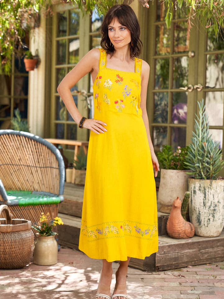 Linen Blend Embroidered Maxi Dress 4265-MAD for wholesale by Paparazzi
