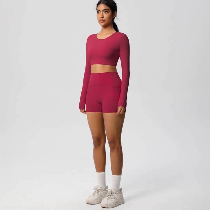 Sodalemon – Engroshandel Activewear-sæt – til kvinder – Kvinder Højtaljet Yogasæt: Langærmet Top + Shorts med Lommer6