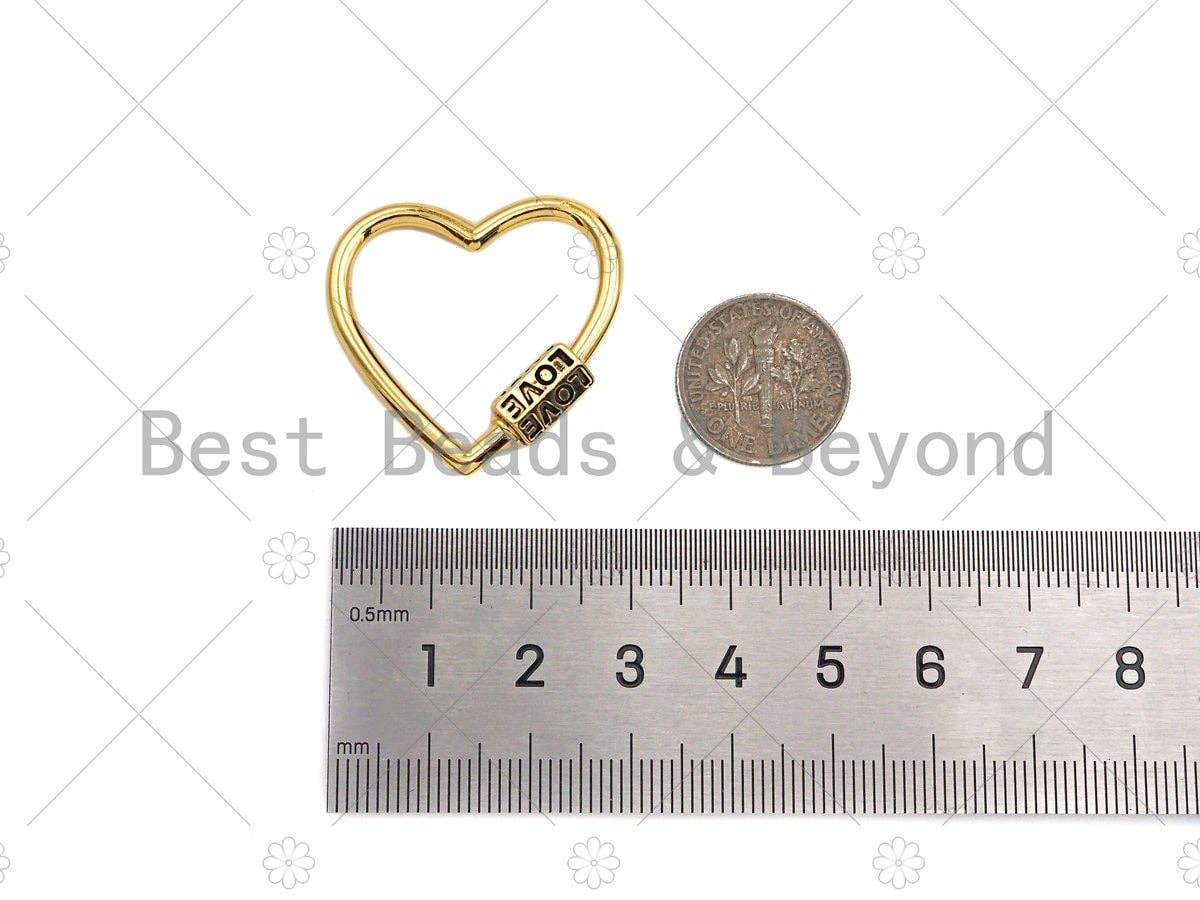 BestBeads&Beyond - Wholesale Clasp - 18K Gold Love Word On Heart Shape Screw Clasp, Heart Connector, Gold Carabiner Clasp,30x29mm, Sku#K1724