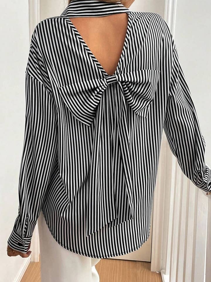 STRIPE A striped printed long-sleeved shirt with a bow for wholesale on Faire3