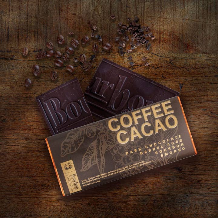 Bourbon Smoked Cacao & Coffee Bean Dark Chocolate Bar for wholesale by Bourbon Barrel Foods