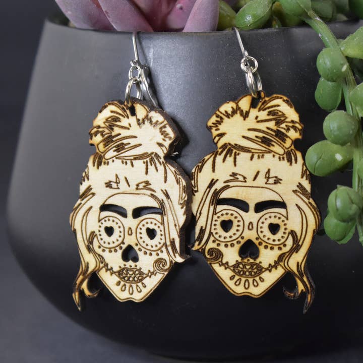 Messy Bun Skull Wooden Earrings for wholesale by Three Turtles Designs