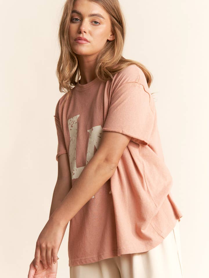dust blush LA Logo Print Casual Short Sleeve Top for wholesale on Faire